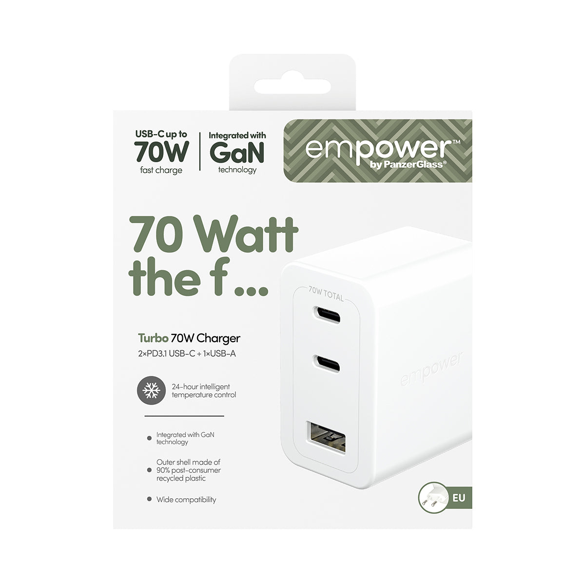 PanzerGlass empower by ® Turbo 70W Multiple Oplader inkl. 2 x USB-C + USB-A | EU Stik | Silver White