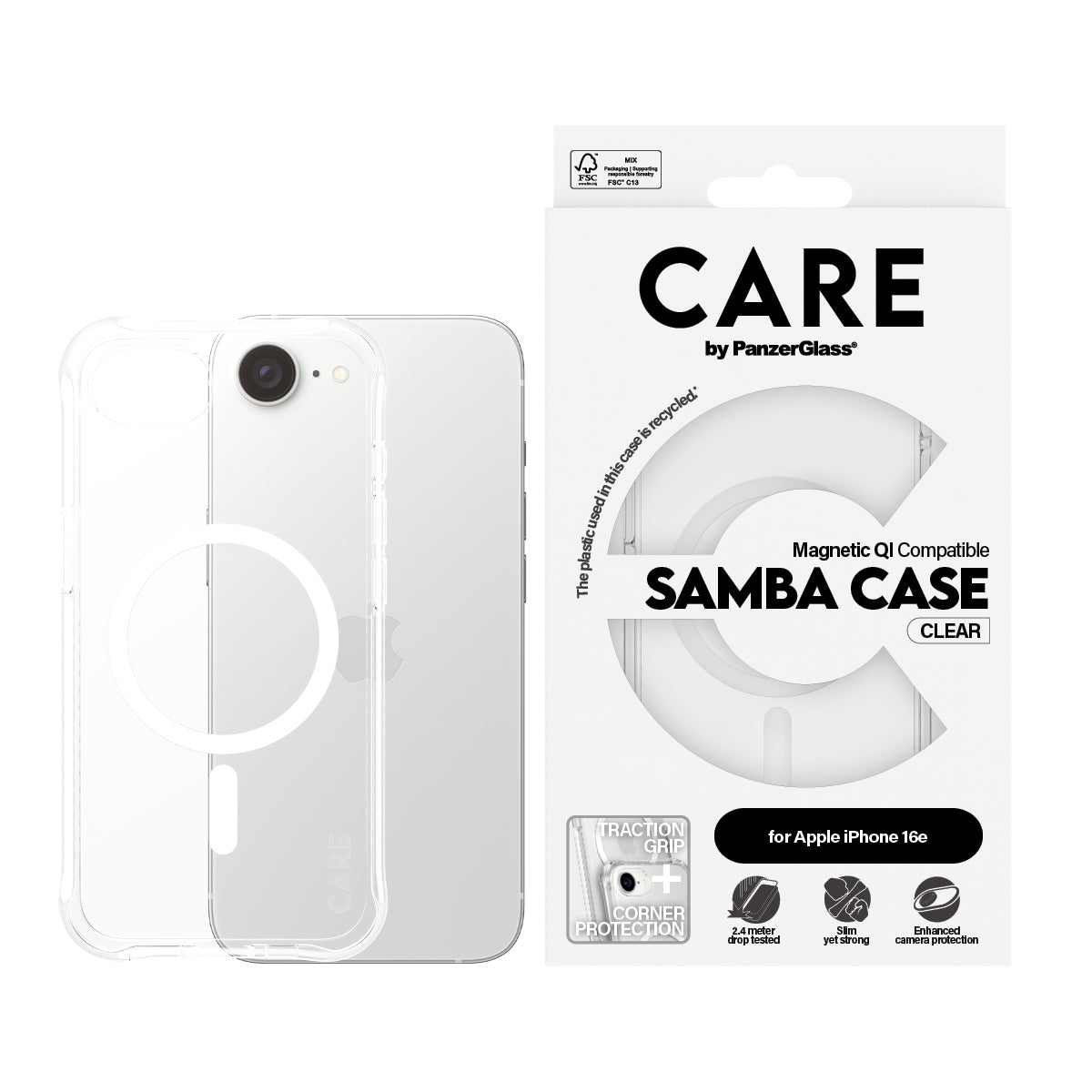 CARE by PanzerGlass Samba Case Transparent w. White Qi Compatible iPhone 17e | 16e