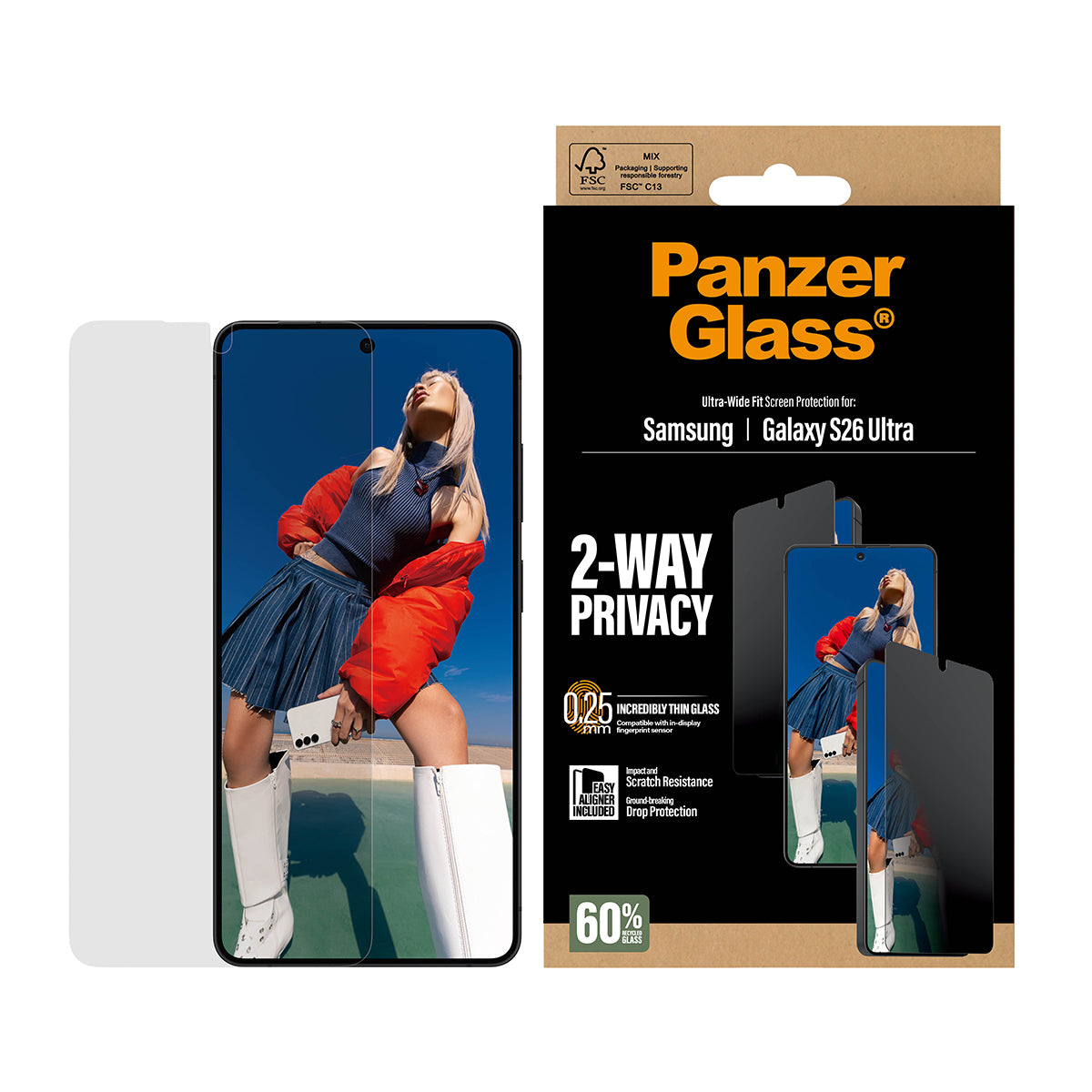PanzerGlass 2-Way Privacy Screen Protector Samsung Galaxy S26 Ultra | Ultra-Wide Fit w. EasyAligner