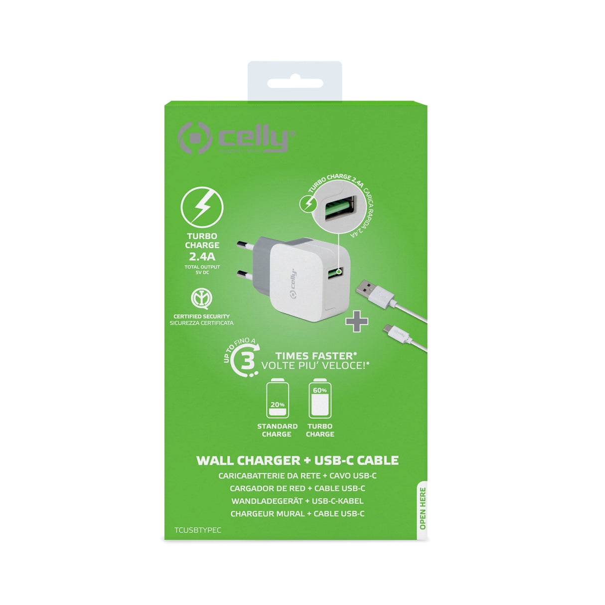 Celly Wall Charger + USB-A to USB-C Cable 12W White (1M)
