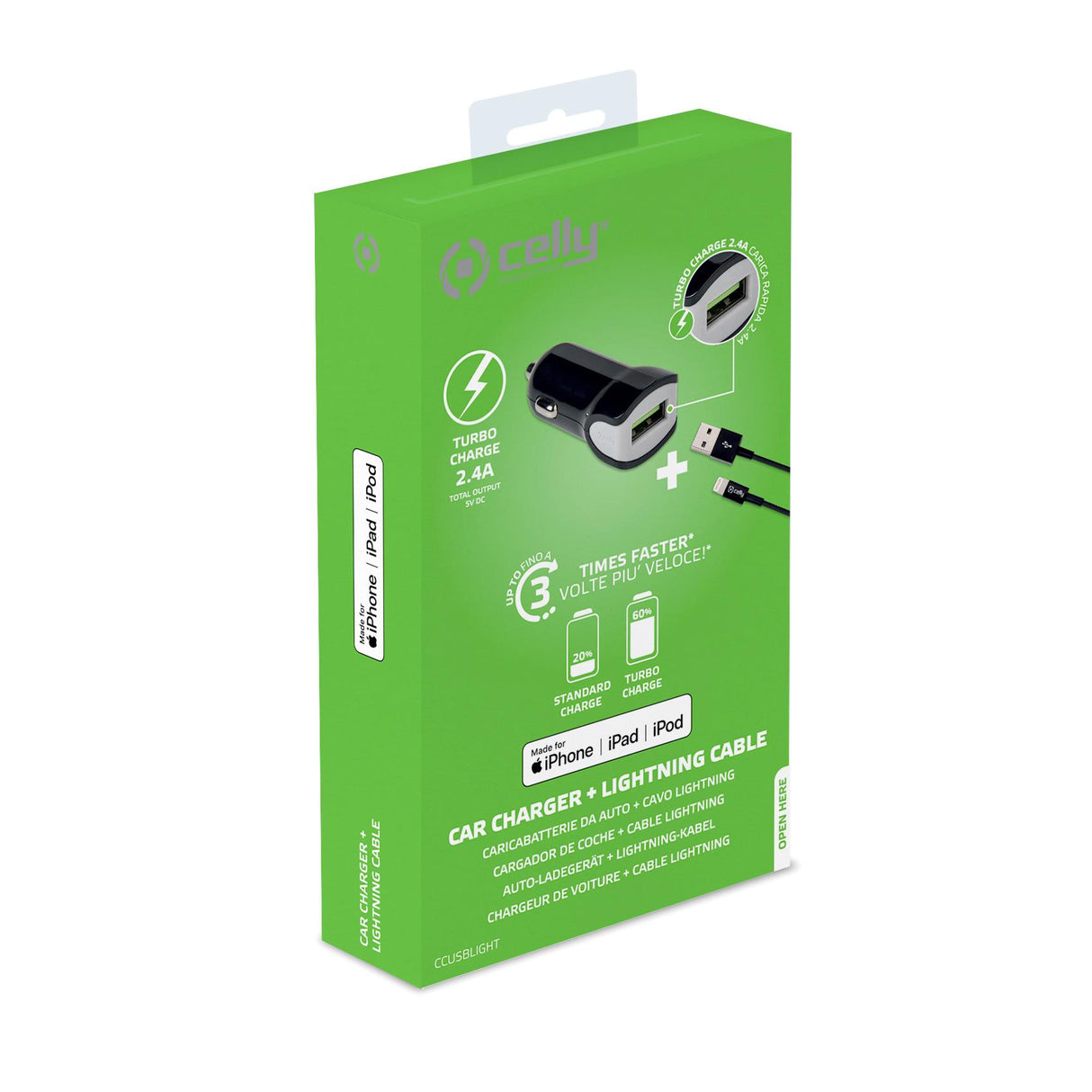 Celly Car Charger + USB-A to Lightning Cable 12W Black (1M)