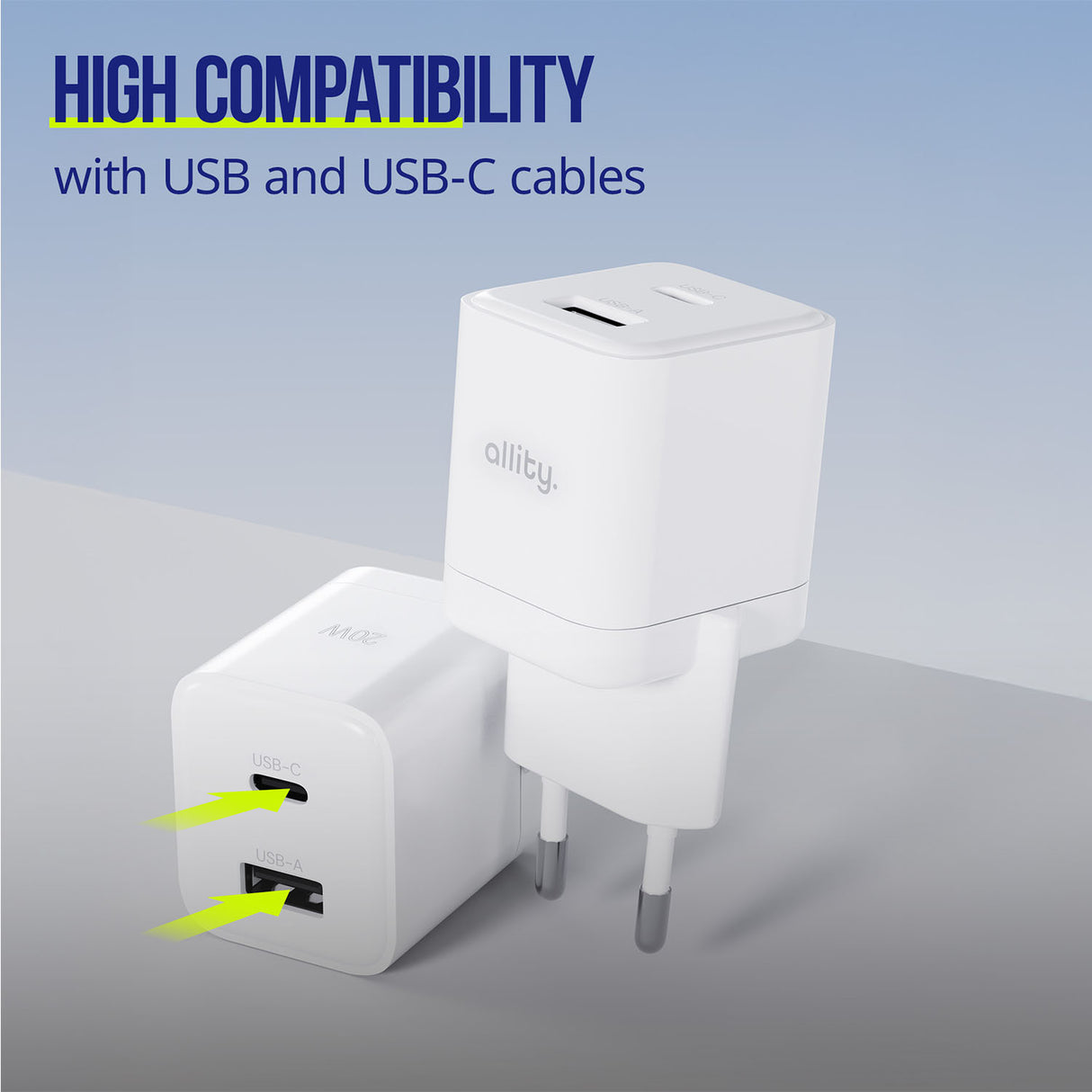 Allity wall charger GaN PD QC ATC-01-20WACr 1x USB-C 1x USB-A 20W white