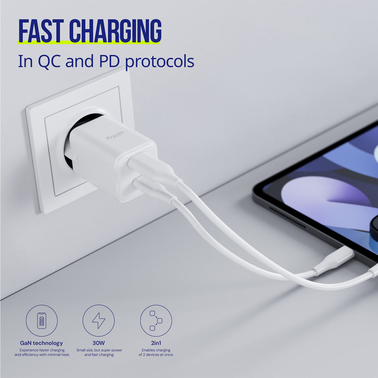 Allity wall charger GaN PD QC ATC-01-30WAC 1x USB-C 1x USB-A 30W white