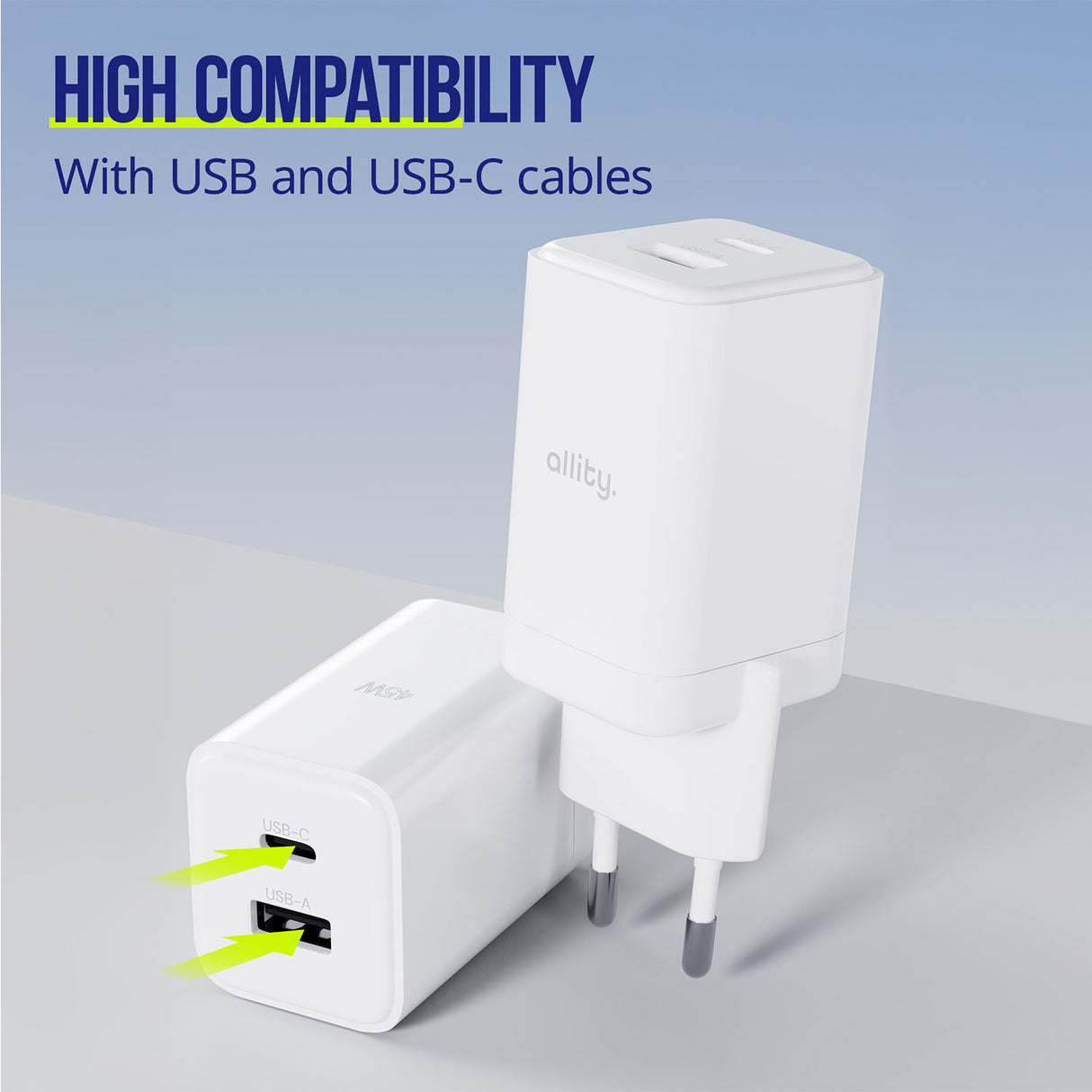 Allity wall charger GaN PD QC ATC-01-45WAC 1x USB-C 1x USB-A 45W white