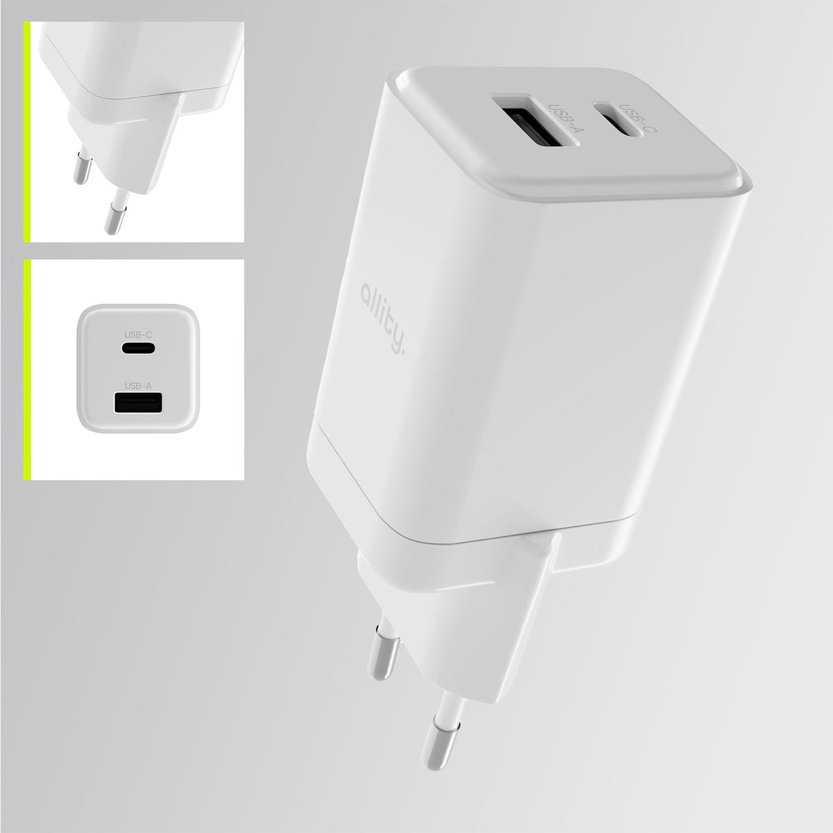 Allity wall charger GaN PD QC ATC-01-45WAC 1x USB-C 1x USB-A 45W white