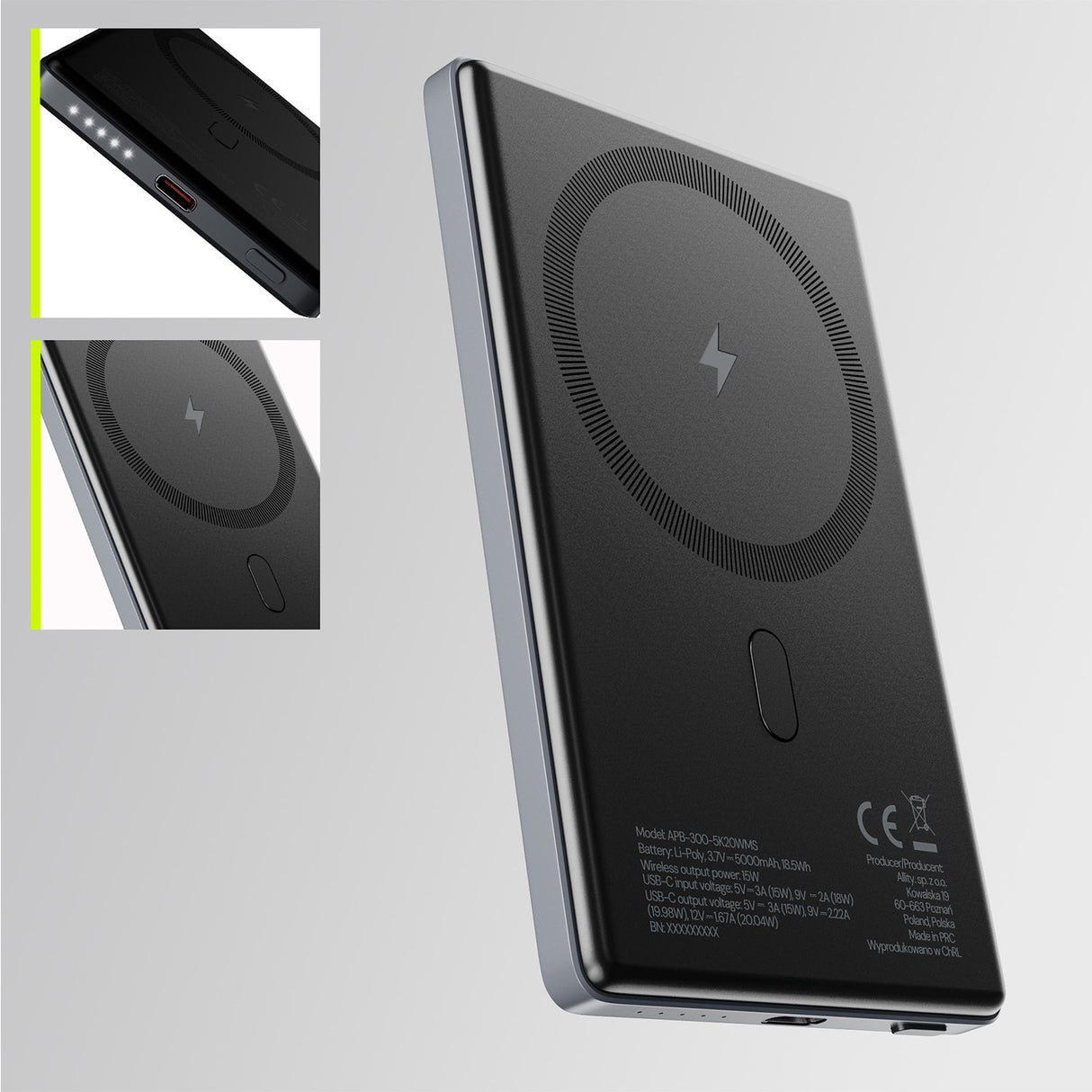 Allity wireless power bank APB-300 PD QC 20W 5000 mAh magnetic gray