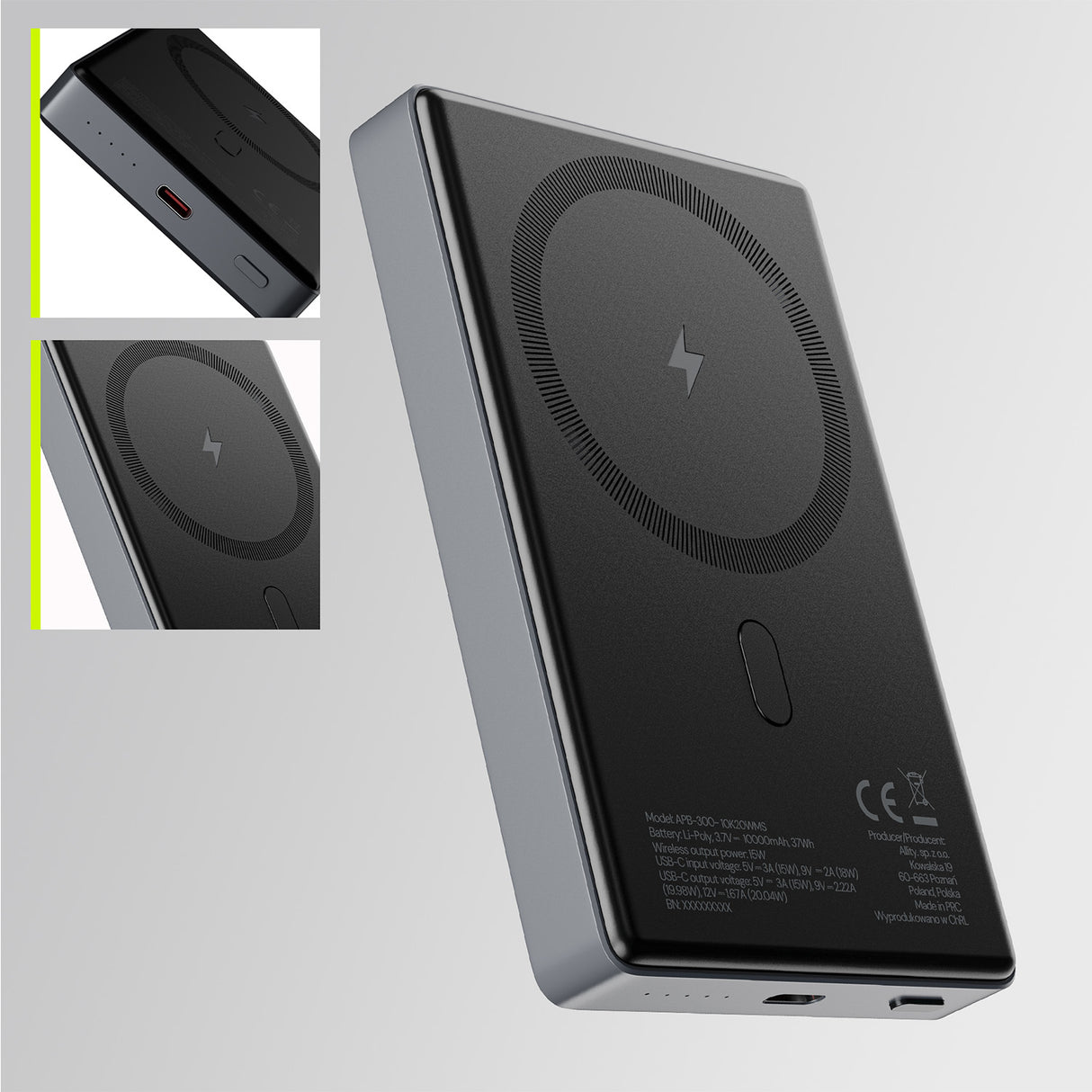 Allity wireless power bank APB-300 PD QC 20W 10000 mAh magnetic gray