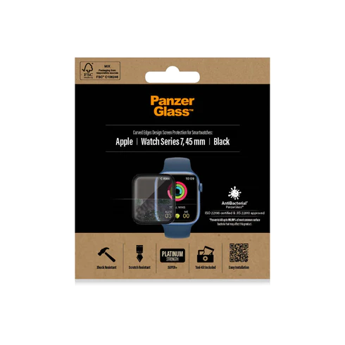 PANZERGLASS TIL APPLE WATCH SERIE 7/ SERIE 8 (45 MM) (SORT, ANTIBAKTERIEL)