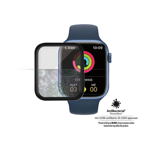 PANZERGLASS TIL APPLE WATCH SERIE 7/ SERIE 8 (45 MM) (SORT, ANTIBAKTERIEL)