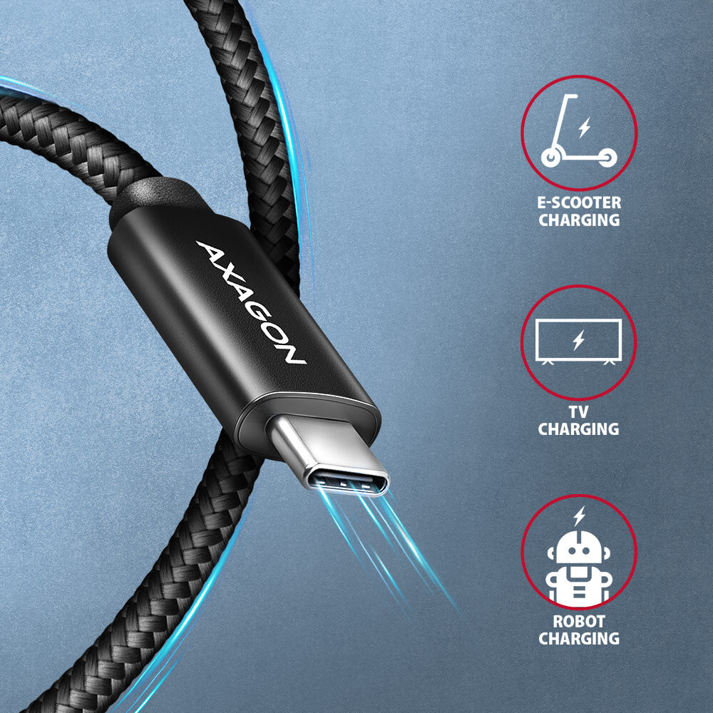 Axagon BUCM2-CM25AB Ladekabel USB-C zu USB-C 2.0, 2,5 m, PD 240 W 5 A, ALU - Schwarz - 2,5 Meter langes USB-C zu USB-C Kabel USB-kabel USB 2.0 USB C 0,48 Gbit/sek. Sort