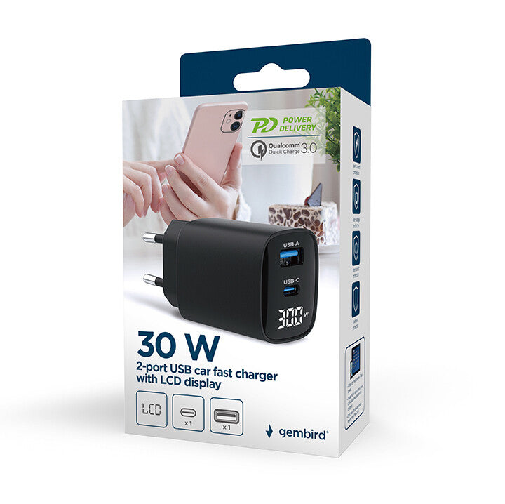 Gembird TA-UC-PDQC30LCD-BK-01 oplader til mobil enhed Smartphone, SmartWatch, Tablet Sort Vekselstrøm Hurtig opladning Indendørs