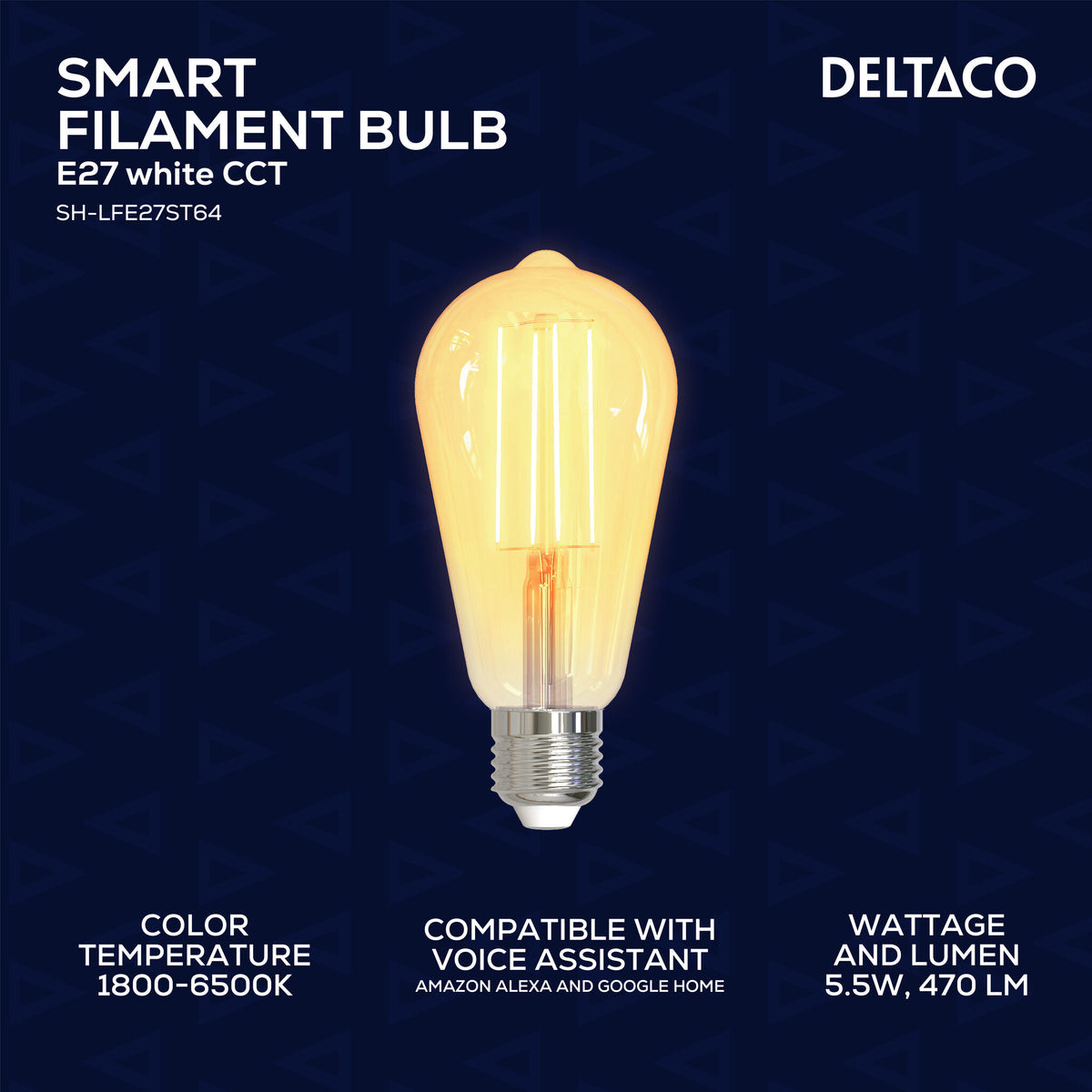 Deltaco SMART H LED filament lamp E27 WiFI 2.4GHz 5.5W 470lm Dim