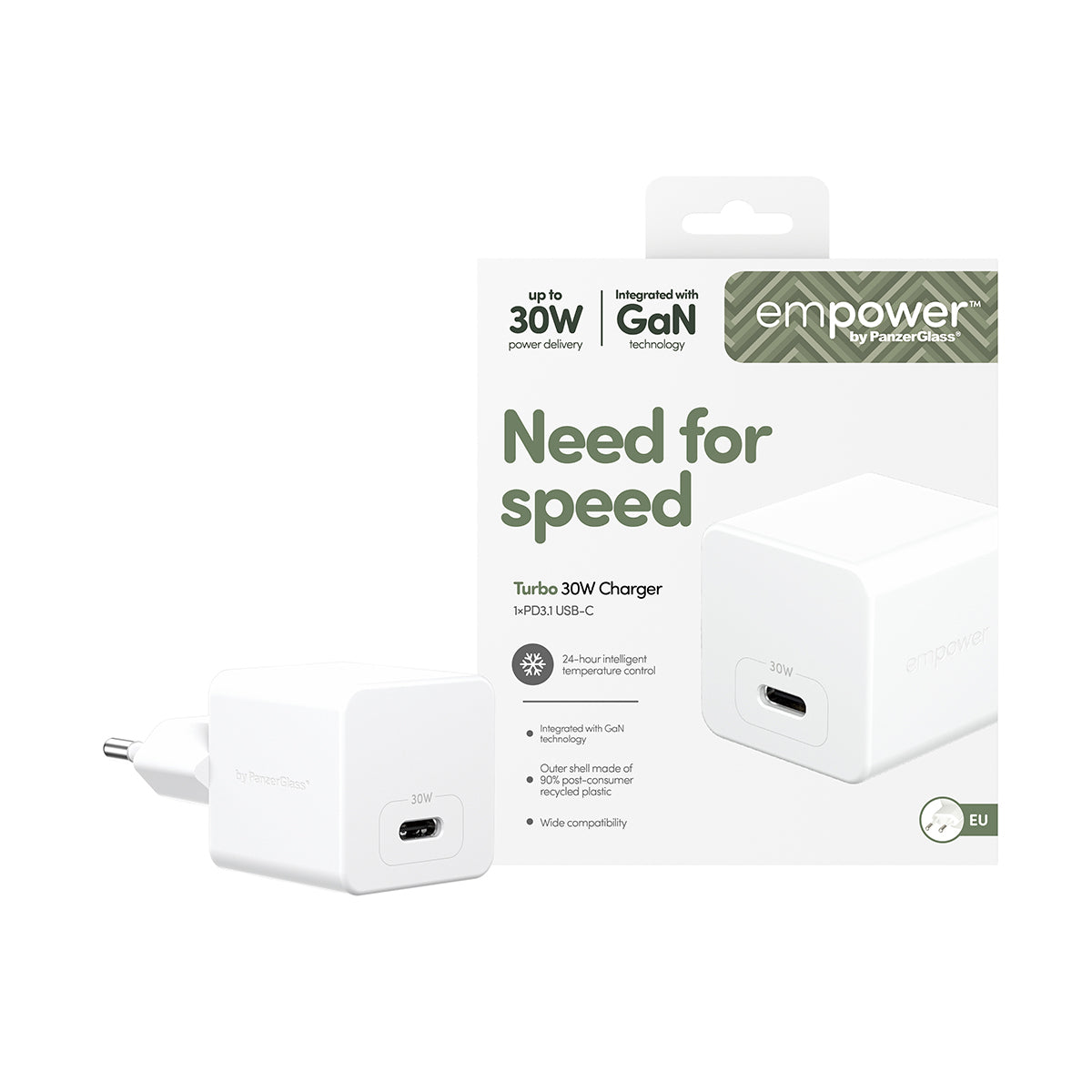 PanzerGlass empower by ® Turbo 30W Oplader Single USB-C | EU Stik | Silver White