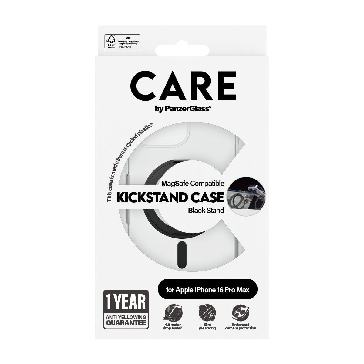 PanzerGlass CARE by ® Feature Case Transparent m. Sort Kickstand & MagSafe iPhone 16 Pro Max