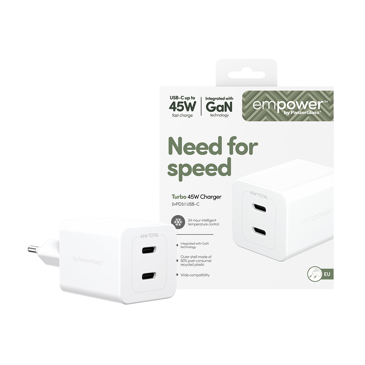 PanzerGlass empower by ® Turbo 45W Oplader inkl. 2 x USB-C | EU Stik | Silver White