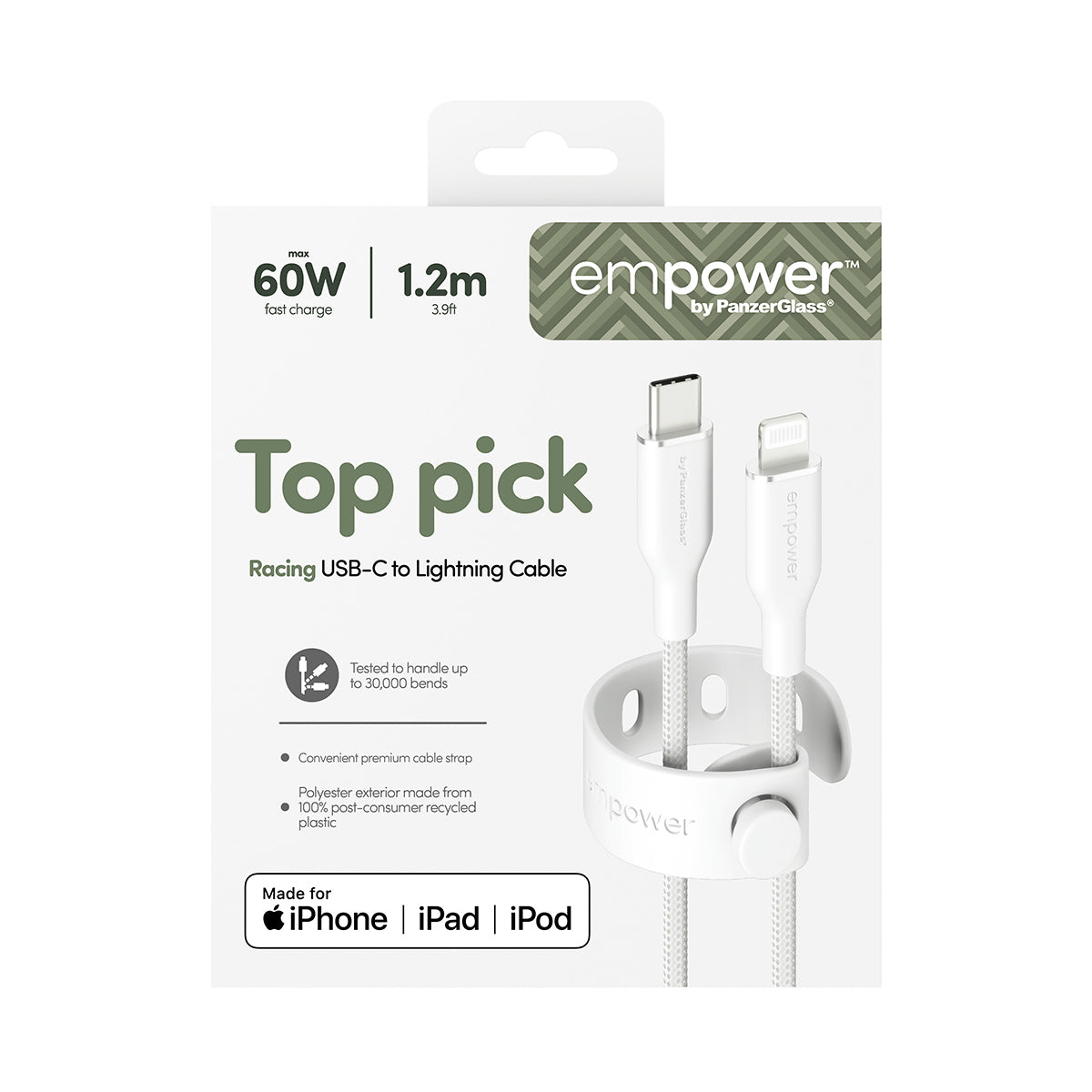 PanzerGlass empower by ® Racing 60W USB-C to Lightning Kabel | USB 2.0 | 1.2M | Silver White