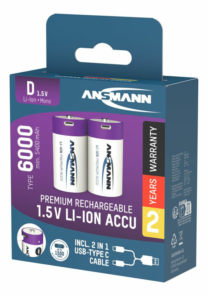 Ansmann 1314-0005 husholdningsbatteri Genopladeligt batteri D Lithium-Ion (Li-Ion)