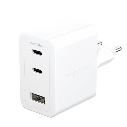 PanzerGlass empower by ® Turbo 70W Multiple Oplader inkl. 2 x USB-C + USB-A | EU Stik | Silver White