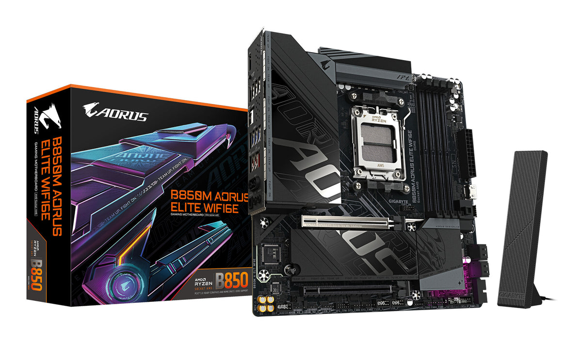 GIGABYTE B850M AORUS ELITE WIFI6E Motherboard - AMD Ryzen 9000 Series CPUs, 12+2+2 Phases Digital VRM, up to 8200MHz DDR5 (OC), 1xPCIe 5.0 + 1xPCIe 4.0 M.2, WIFI 6E, 2.5GbE LAN, USB 3.2 Gen 2