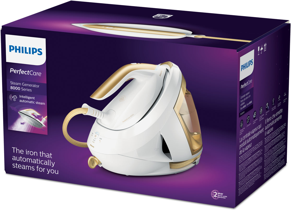 Philips PSG8040/60 Dampstrygning station 2700 W 1,8 L SteamGlide Elite-strygesål Guld, Hvid