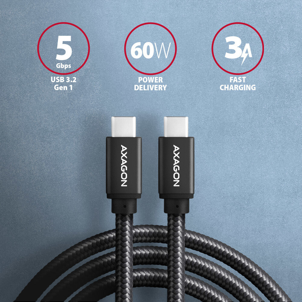 Axagon BUCM3-CM20AB USB-kabel USB 3.2 Gen 1 (3.1 Gen 1) 2 m USB C 5 Gbit/sek. 60 W Sort