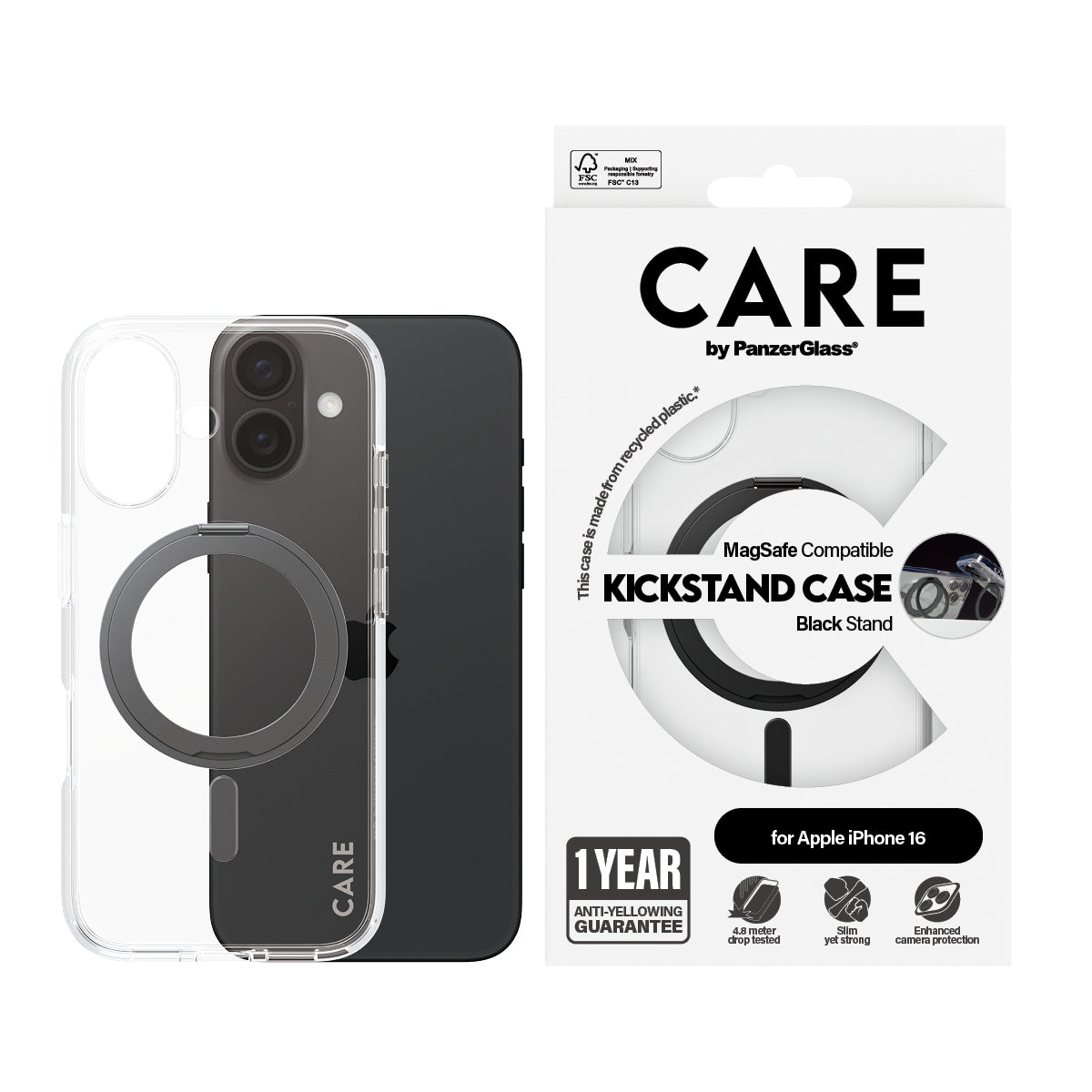 PanzerGlass CARE by ® Feature Case Transparent m. Sort Kickstand & MagSafe iPhone 16