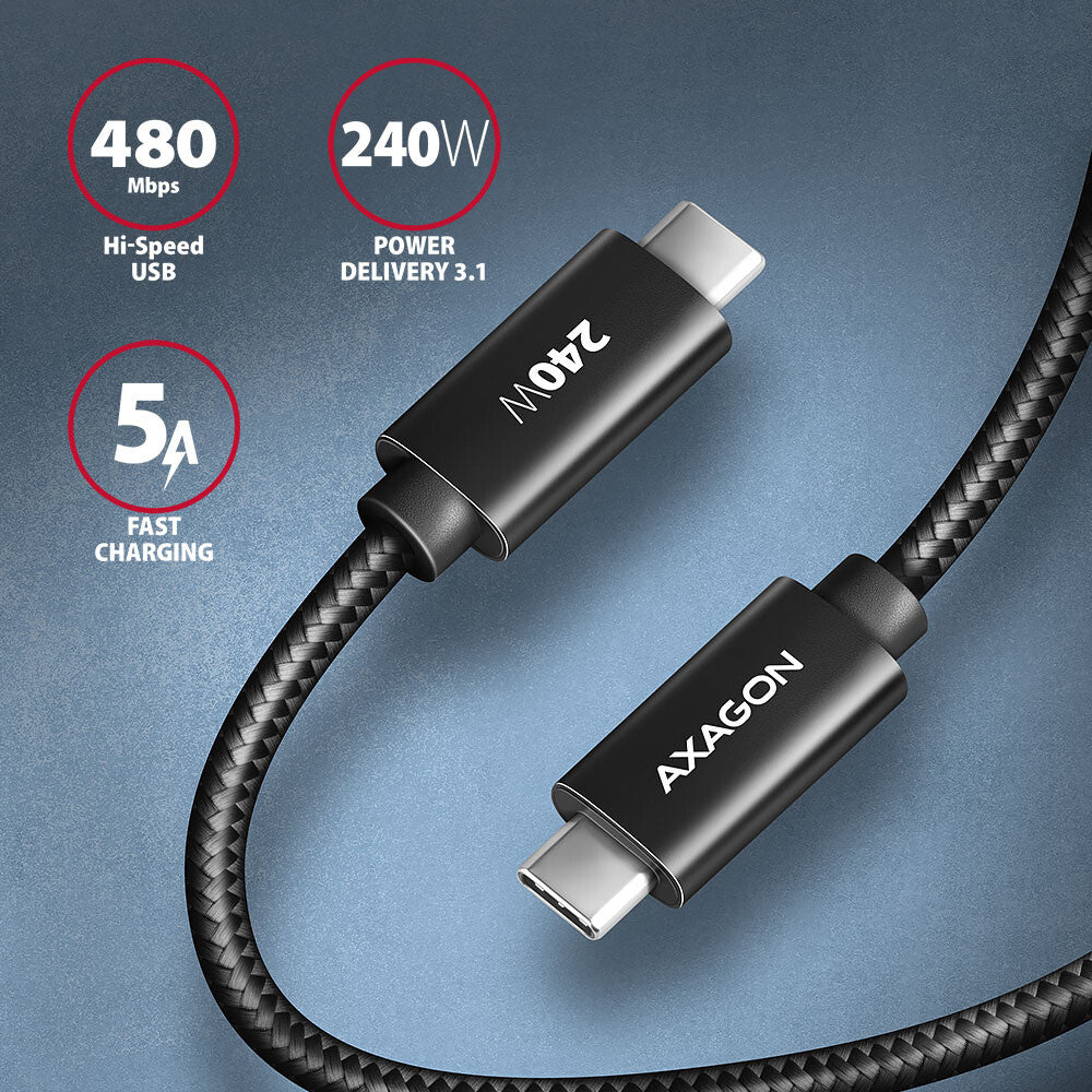 Axagon BUCM2-CM30AB Ladekabel USB-C zu USB-C 2.0, 3 m, PD 240 W 5 A, ALU - Schwarz - 3 Meter langes USB-C zu USB-C Kabel - Daten- und Ladefähig USB-kabel USB 2.0 USB C 0,48 Gbit/sek. Sort