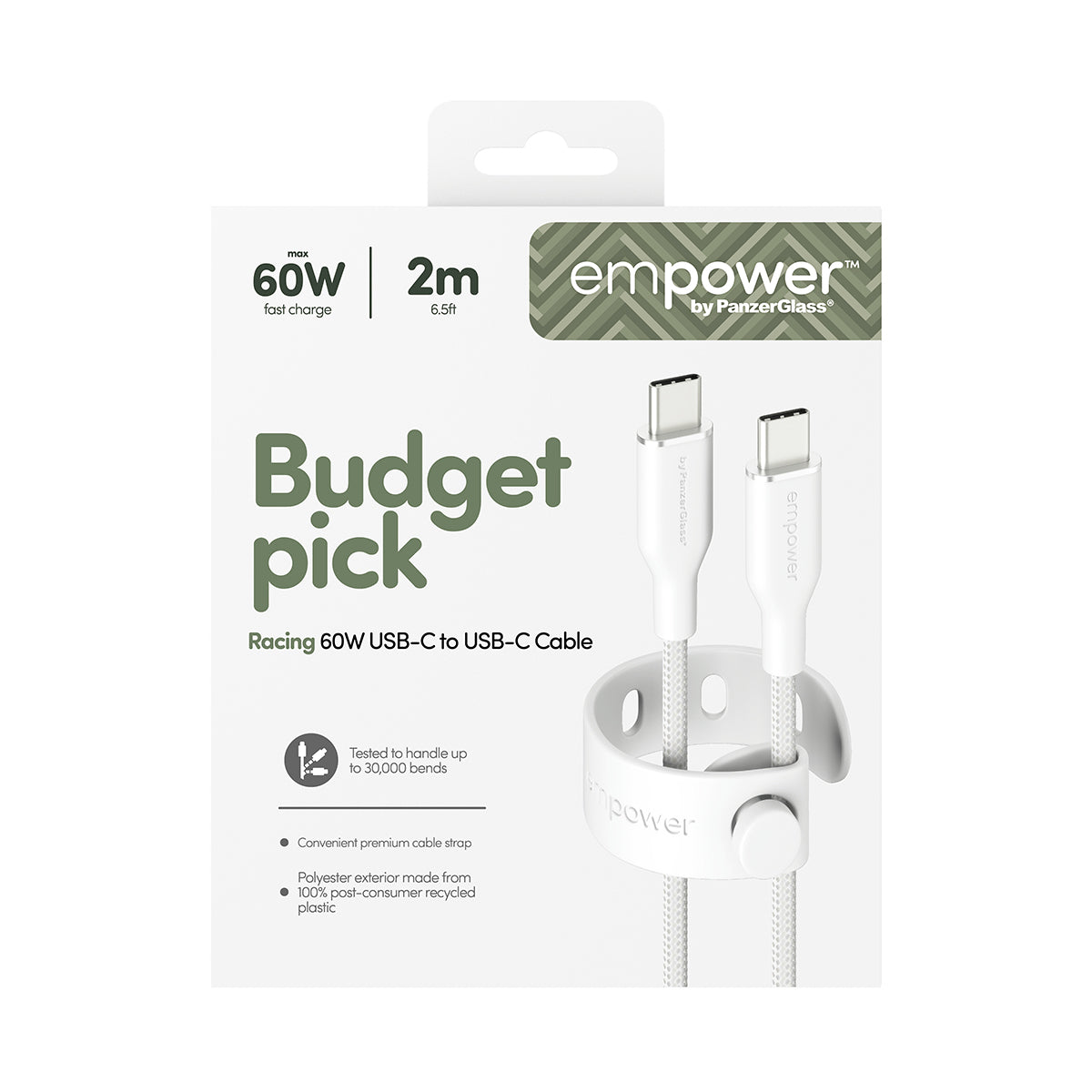 PanzerGlass empower by ® Racing 60W USB-C to USB-C Kabel | USB 2.0 | 2M | Silver White