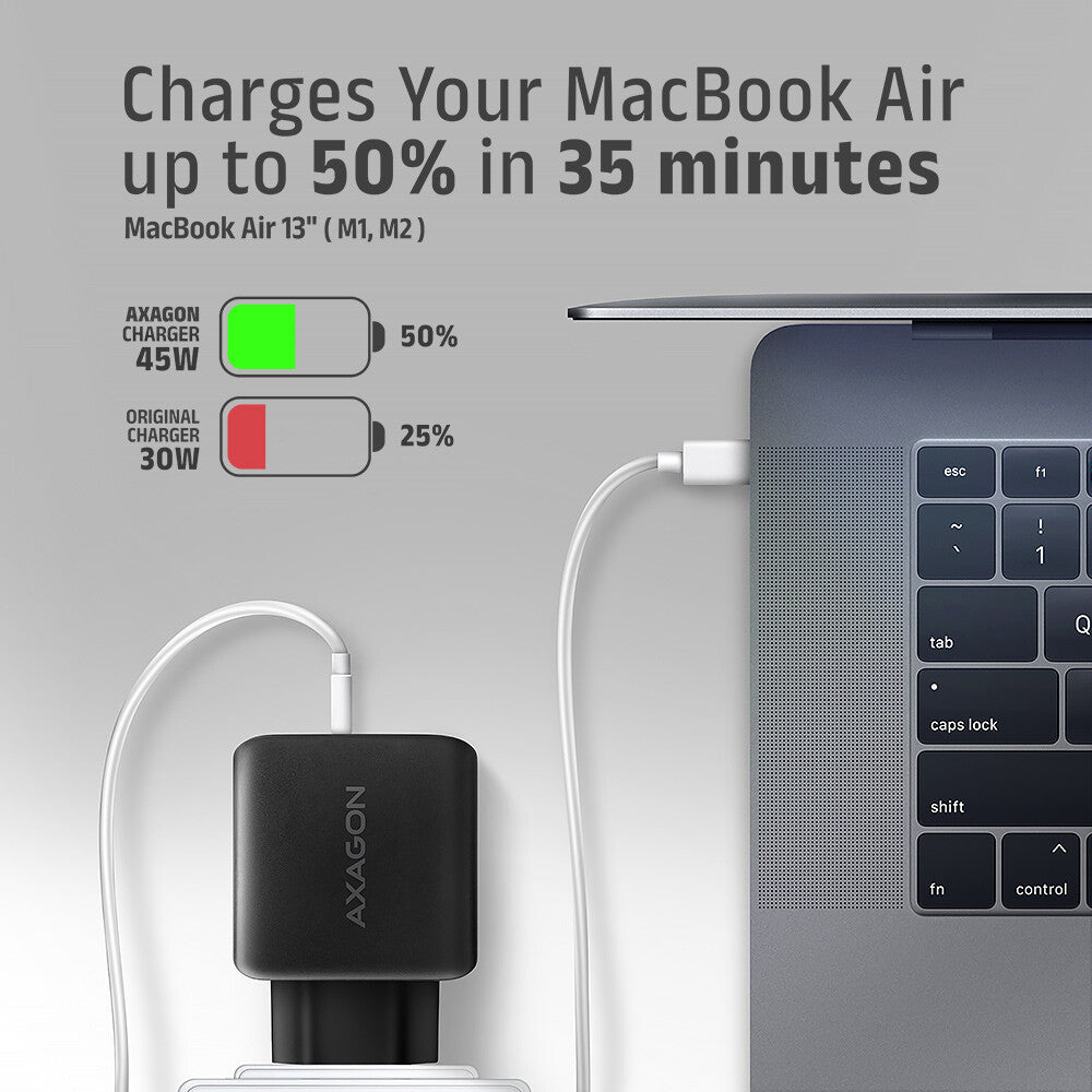 Axagon ACU-PQ45 QC 3.0, 4.0/AFC/FCP/PPS/PD, 45W, schwarz - Netzladegerät mit USB-A und USB-C Schnittstelle Mobiltelefon, Smartphone, SmartWatch, Tablet, Universel Sort Vekselstrøm Hurtig opladning Indendørs