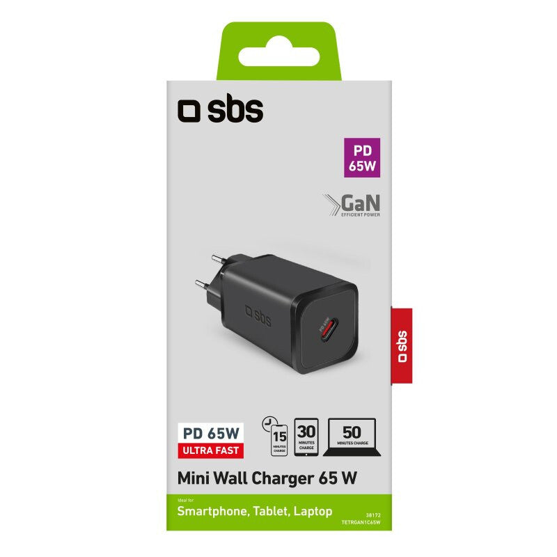 SBS TETRGAN1C65W oplader til mobil enhed Hovedtelefoner, Headset, Laptop, Smartphone, SmartWatch, Tablet Sort Vekselstrøm Hurtig opladning Indendørs