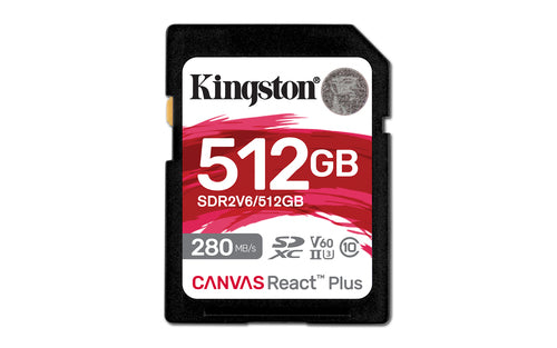 Kingston Technology 512 GB Canvas React Plus SDXC UHS-II 280R/150W U3 V60 til fuld HD/4K