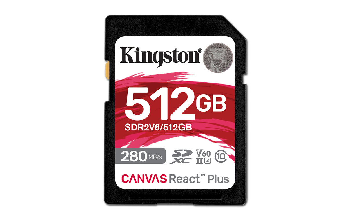 Kingston Technology 512 GB Canvas React Plus SDXC UHS-II 280R/150W U3 V60 til fuld HD/4K