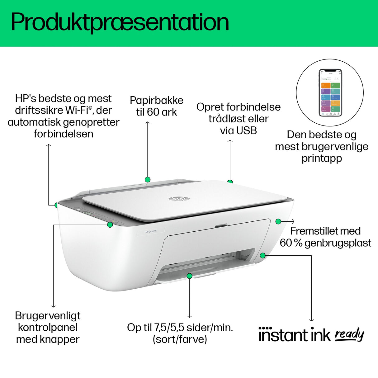 HP DeskJet 2820e Trådløst All-in-One Farve Printer, Kopimaskine, scanner