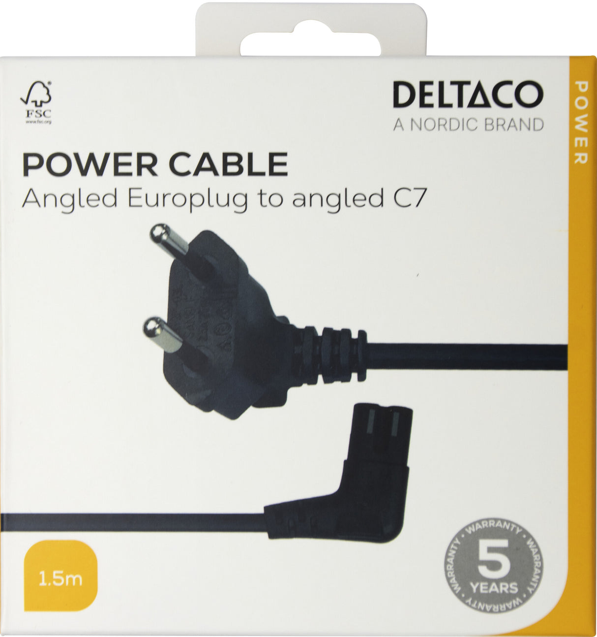 Deltaco Power cord CEE 7/16 - C7 angled, 1,5m, black