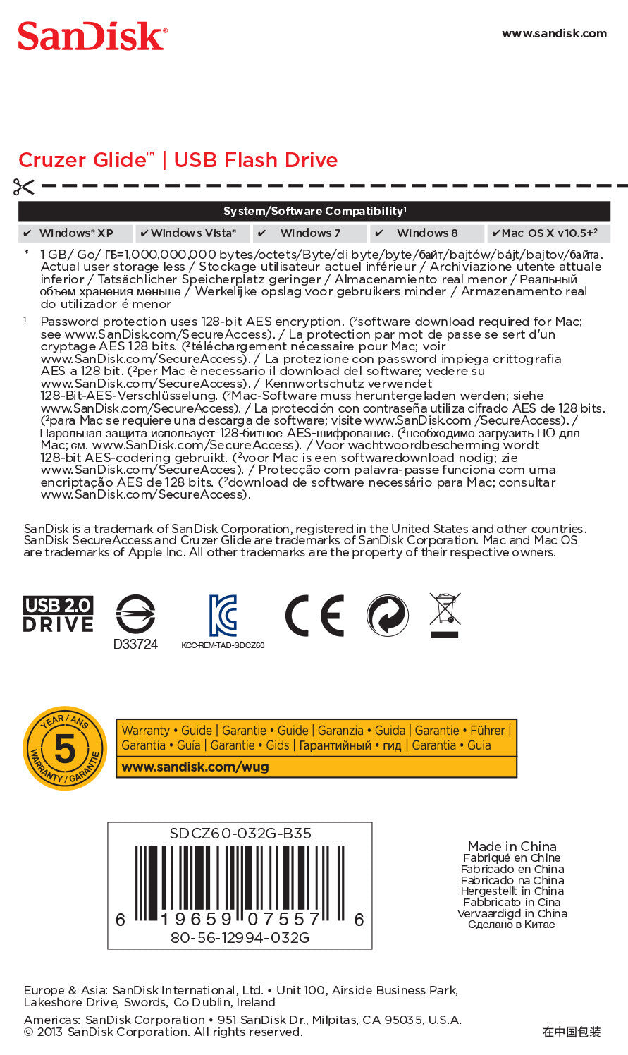 SanDisk Cruzer Glide USB-nøgle 32 GB USB Type-A 2.0 Sort, Rød
