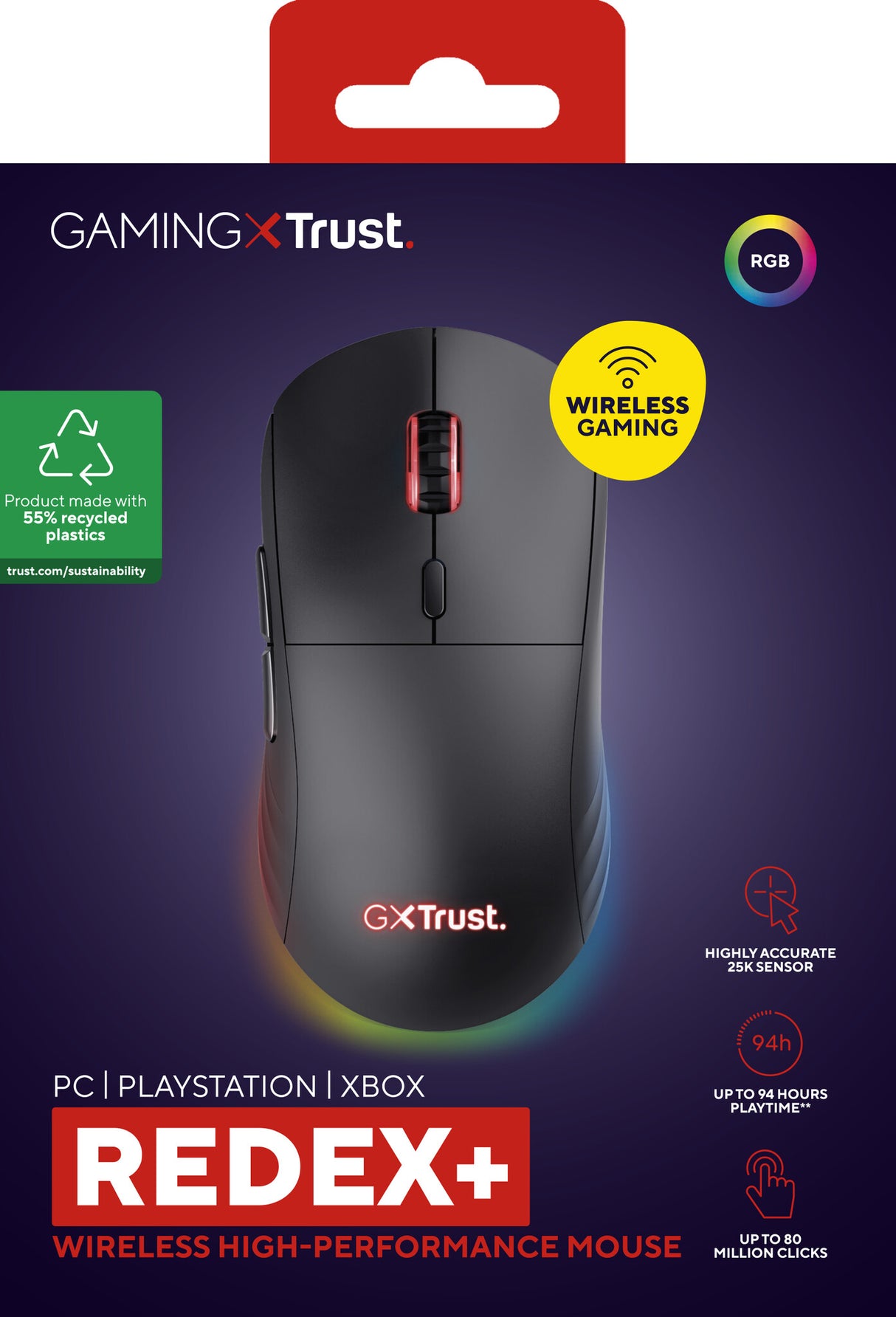 Trust GXT 927 Redex+ mus Spil Højre hånd RF Wireless + USB Type-A Laser 25600 dpi