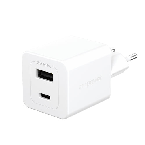 PanzerGlass empower by ® Turbo 35W Oplader inkl. USB-C + USB-A | EU Stik | Silver White