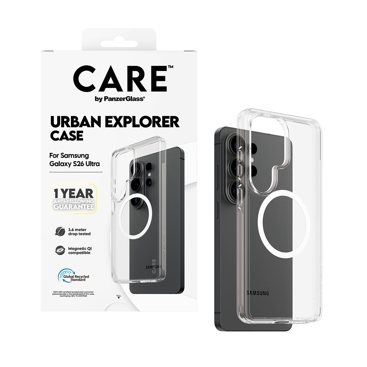 CARE by PanzerGlass Urban Explorer Case Transparent w. White Qi Samsung Galaxy S26 Ultra