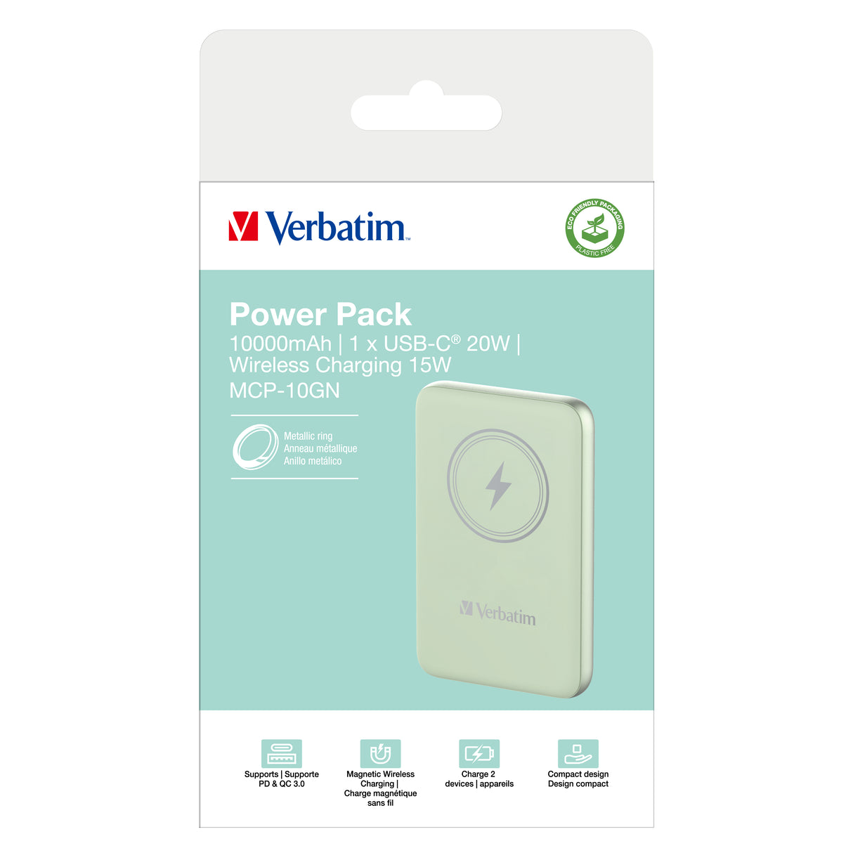 Verbatim Charge 'n' Go Lithium polymer (LiPo) 10000 mAh Trådløs opladning Grøn