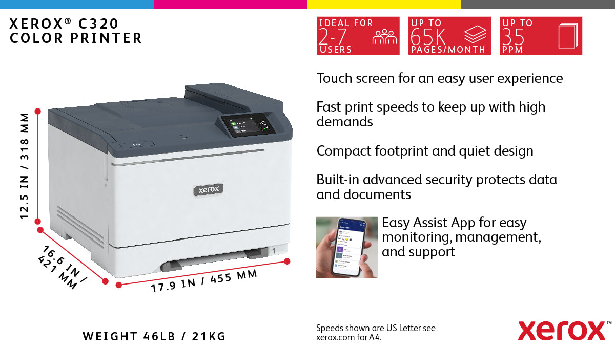 Xerox C320, A4, 28 sider/min, trådløs dupleksprinter, PS3 PCL5e/6, 2 magasiner, i alt 251 ark
