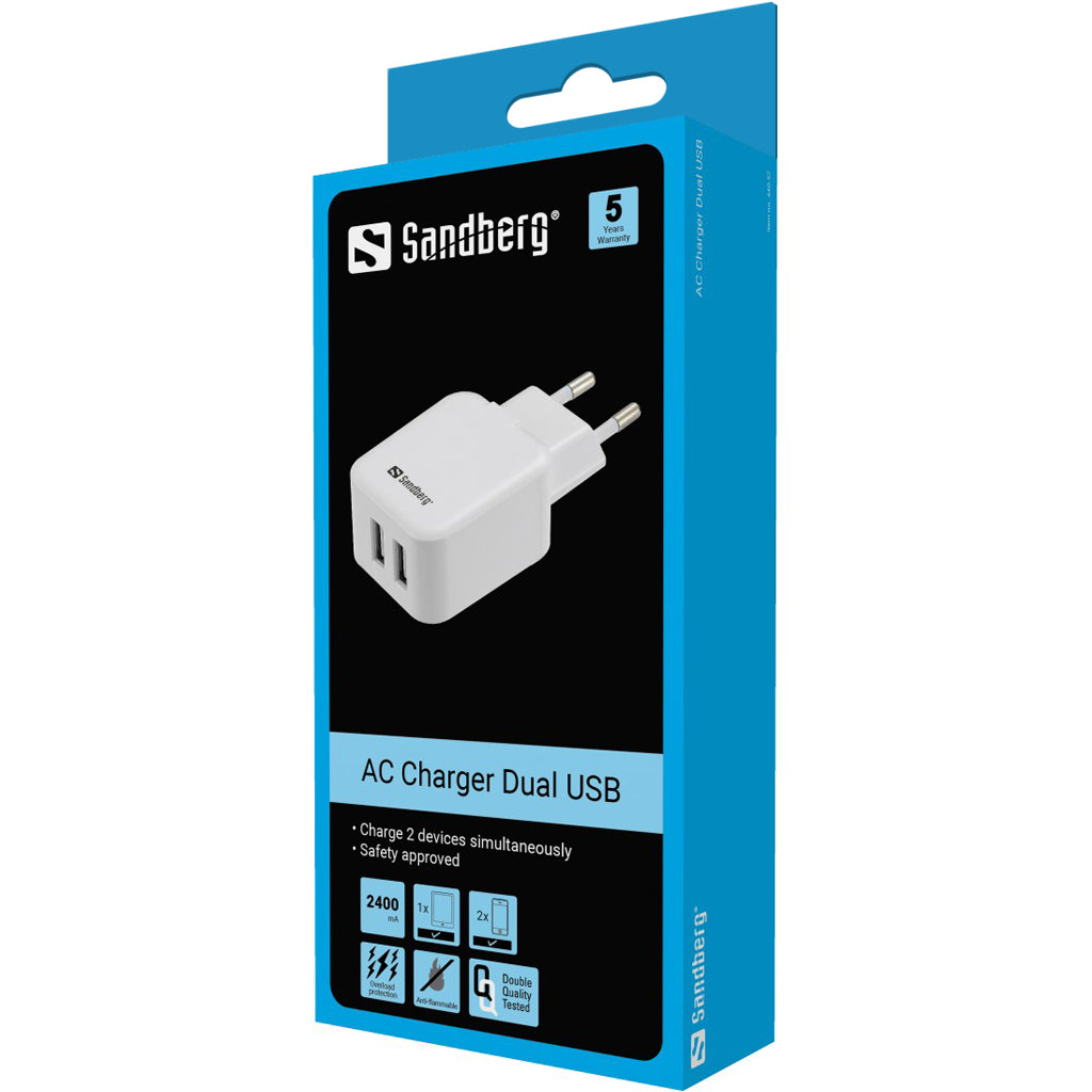 AC Charger Dual USB 2A EU, White/Black