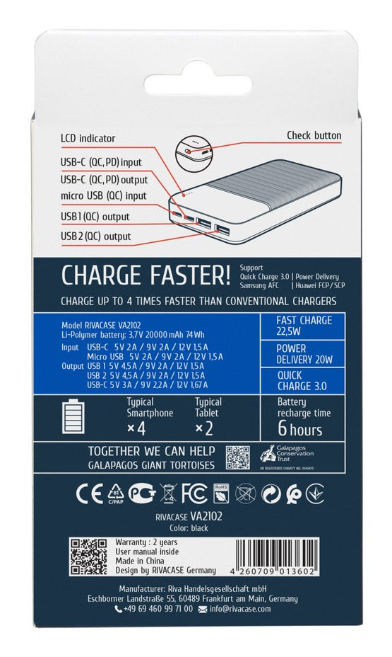 Rivacase VA2102 Lithium polymer (LiPo) 20000 mAh Sort