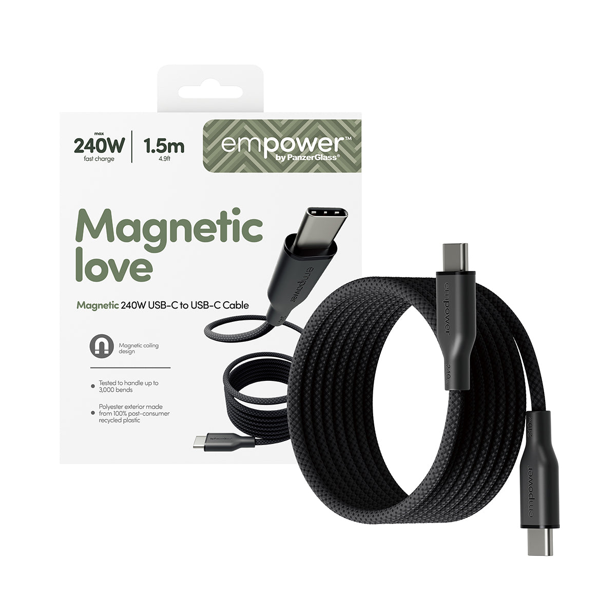 PanzerGlass empower by ® Magnetic 240W USB-C to USB-C Kabel | USB 2.0 | 1.5M | Space Black