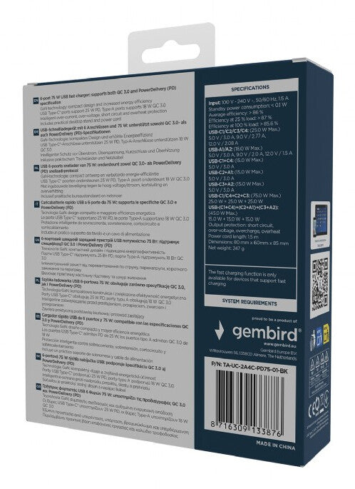 Gembird TA-UC-2A4C-PD75-01-BK oplader til mobil enhed Universel Sort Vekselstrøm Hurtig opladning Indendørs