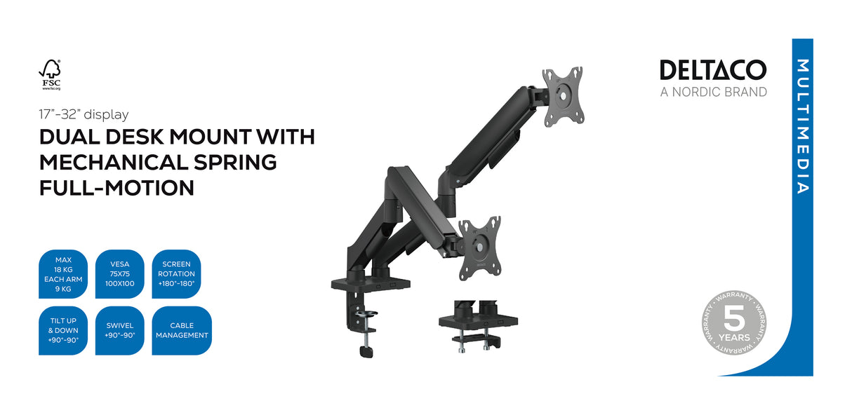 Deltaco ARM-1300-B Monitor desk dual mount