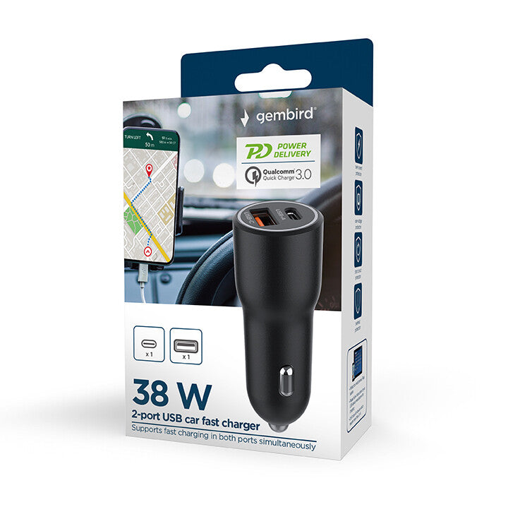 Gembird TA-UC-AC2PDQC38-CAR-01 oplader til mobil enhed Universel Sort Cigartænder Hurtig opladning Automatisk