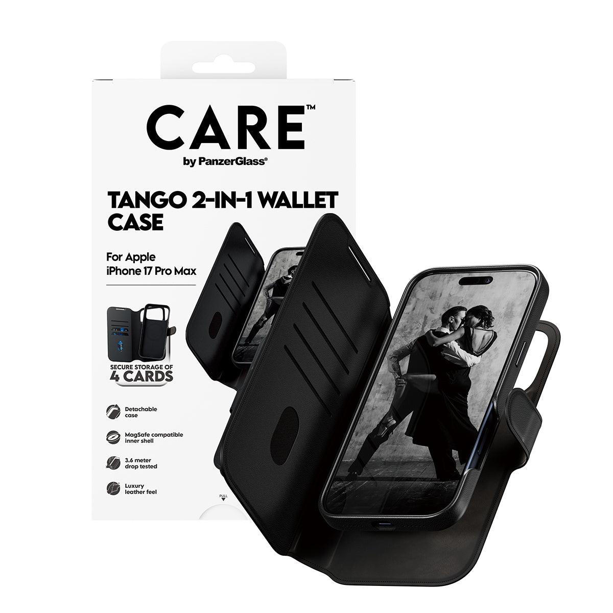 PanzerGlass CARE by Feature Case Tango Two-in-One Wallet w. MagSafe iPhone 17 Pro Max Beskyttelsescover Sort