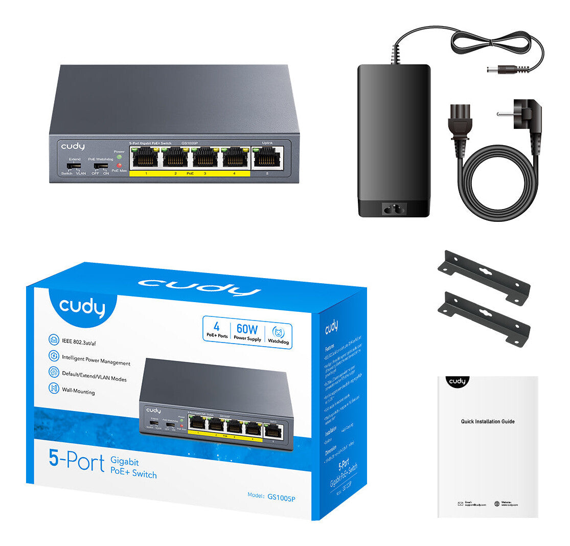 Cudy GS1005P netværksswitch Ikke administreret Gigabit Ethernet (10/100/1000) Strøm over Ethernet (PoE) Grå