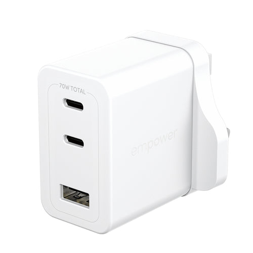 PanzerGlass empower by ® Turbo 70W Multiple Oplader inkl. 2 x USB-C + USB-A | UK Stik | Silver White