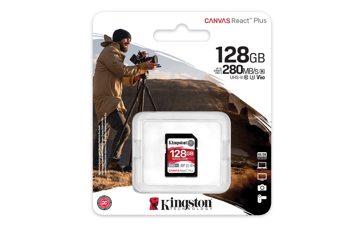 Kingston Technology 128 GB Canvas React Plus SDXC UHS-II 280R/100W U3 V60 til fuld HD/4K